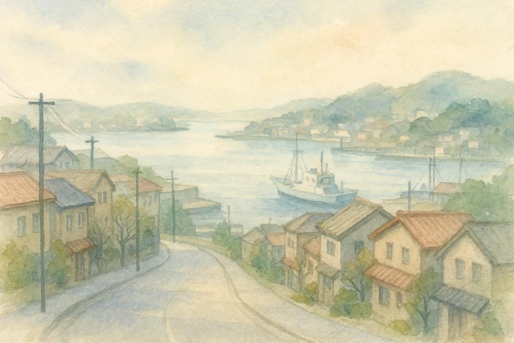 港町塩竈の街並みを、抽象的で優しい雰囲気 1024x683